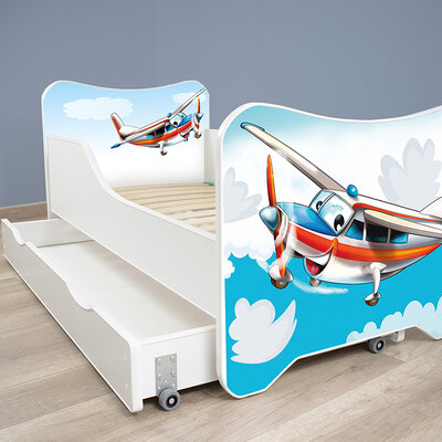 Dečiji krevet sa podnicom, dušekom i fiokom 168x80 cm Happy Kitty Plane