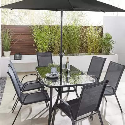 Antracit Baštenski Set Sa Suncobranom, 6 Stolica i Stolom sa Temperiranim Staklom