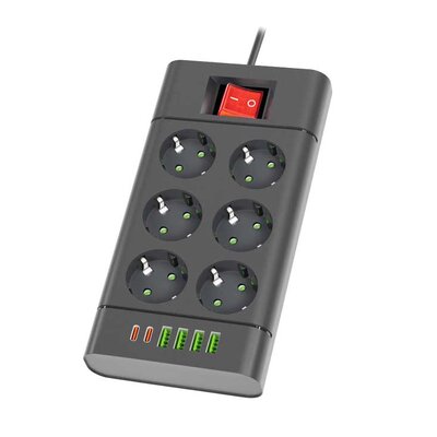 Produžni kabl sa 6 mesta 2m sa USB-A i USB-C utičnicama NV614U-2/BK