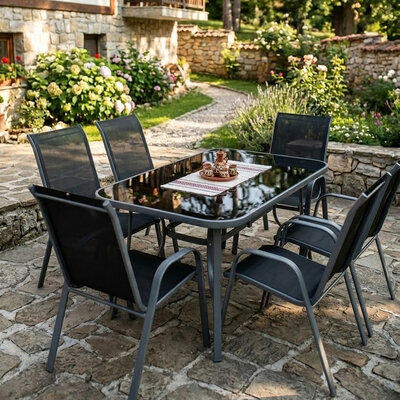 Baštenski Trpezarijski Set Temara 6 Stolica i Sto sa Staklenom Pločom