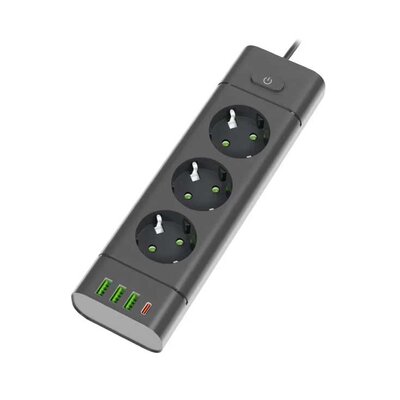Produžni kabl sa 3 utičnice, USB i USB-C priključcima Black NV611U-2/BK