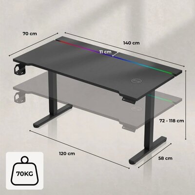 Huzaro Hero 8.7 RGB Električni podesivi gaming sto 140x70cm, Crni