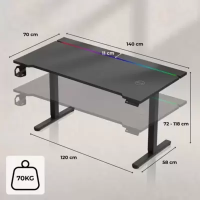Huzaro Hero 8.7 RGB Električni podesivi gaming sto 140x70cm, Crni