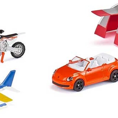SIKU Automobilčići za decu Set vozila - VW buba kabriolet motocikl sportski avion i šator za kampovanje 6325S