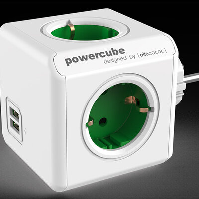 PowerCube produžni bez kabla 4 x šuko 2xUSB zelena