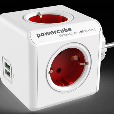 PowerCube produžni bez kabla 4 x šuko 2xUSB crvena