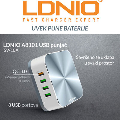 Stoni USB Punjač Sa 8 Portova Za Baterije Telefona Ldnio A8101