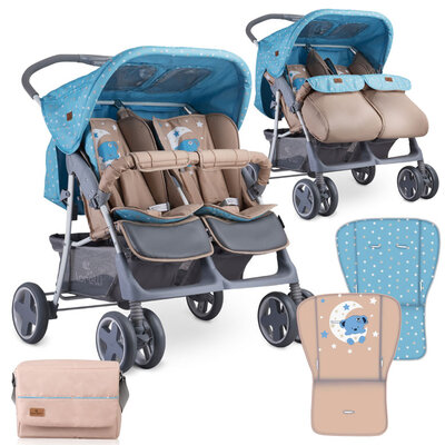 LORELLI Kolica za blizance TWIN Blue and Beige Moon Bear