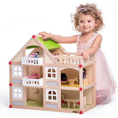 Drvena kućica na sprat, sa lutkama i nameštajem Woodyland