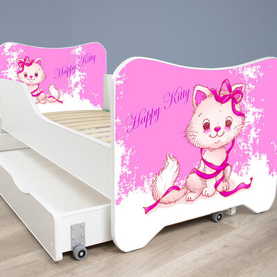 Dečiji krevet sa dušekom, letvicama i fiokom Happy kitty 160x80 cm