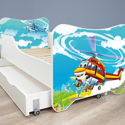 Dečiji krevet sa dušekom, letvicama i fiokom Happy kitty Helicopter 160x80 cm