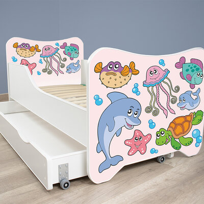 Dečiji krevet sa dušekom, letvicama i fiokomHappy kitty Fishes 160x80 cm